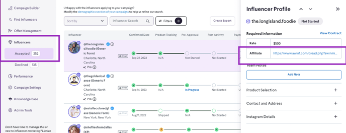 How to add the influencer's personalized code or url