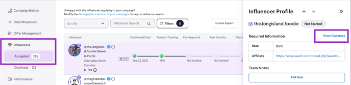 How to see the influencer's contract and campaign details